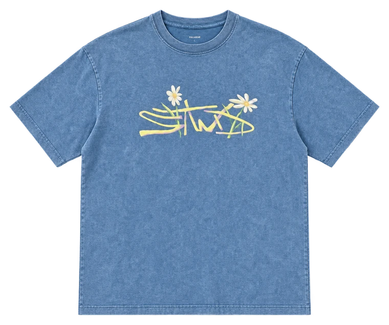 Washed blue tee with a daisy graphic
